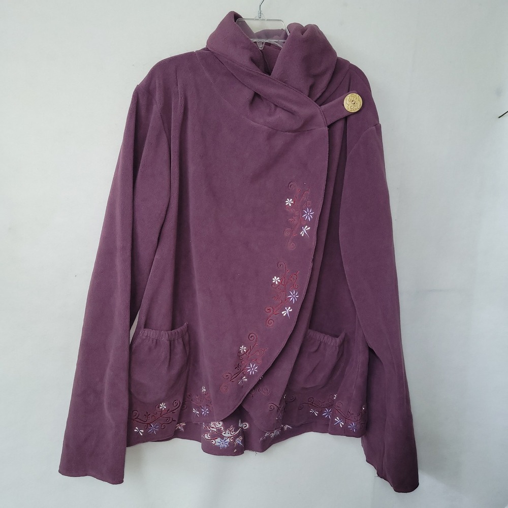 Greater Good Embroidered Fleece Jacket Purple 4XL Button Wrap Front Boho‎ Floral